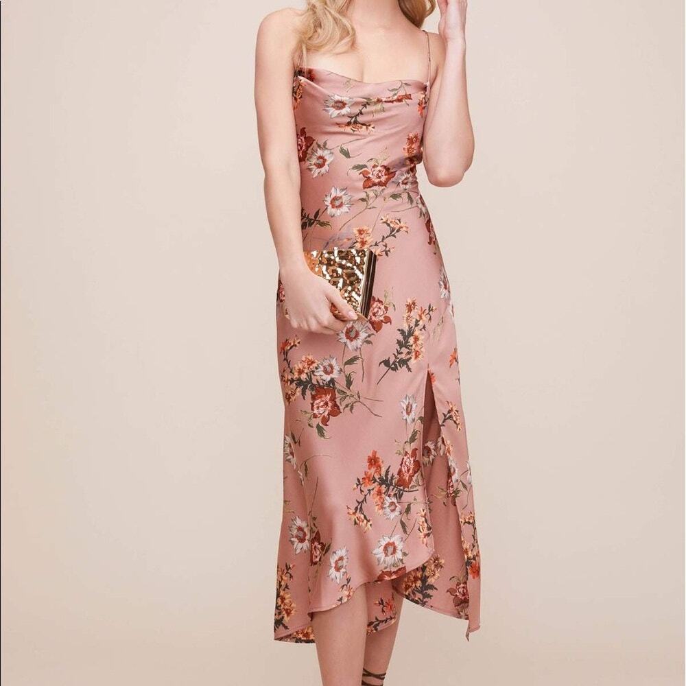 Romantic Satin Floral Cowl Neck Midi Slip Dress M Blush Y2K ASTR The Label Gaia